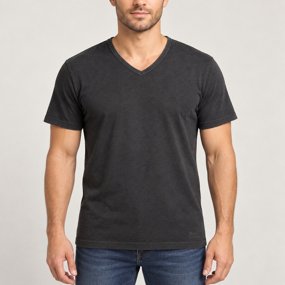 Hugo Boss Mens Black V-Neck T-Shirt Short Sleeve 100% Cotton Logo Top Size L
